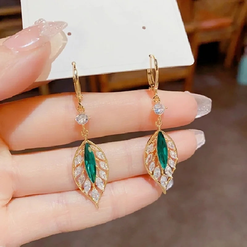 Light Luxury Green Zircon Earring Female Fashion Atmosphere Crystal Leaf Earrings Party Anniversary Jewelry Bijoux Gift Hot Sale