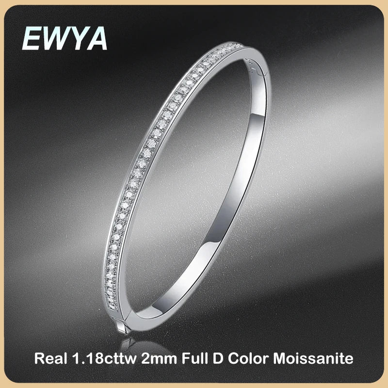 EWYA Luxury Real D Color 1.18cttw 2mm Full Moissanite Tennis Bangle Bracelet For Women S925 Sterling Silver Diamond Bracelets