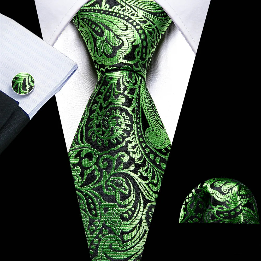 Fashion Silk Men Tie Green Teal Blue Solid Paisley Striped Plaid Floral Animal Necktie Handkerchief Cufflinks Set Barry. Wang