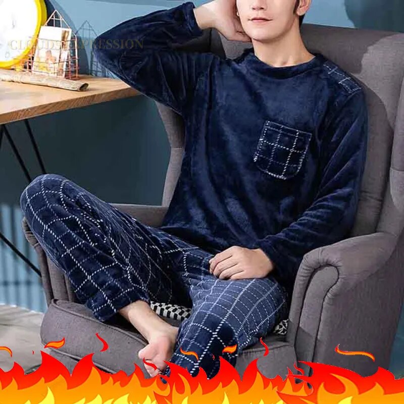 Autumn Winter Flannel Boy Sleepwear Thermal Velvet Feather Print Men's Pajama Sets Casual Pjs Male Loungewear Pyjamas Nightwear