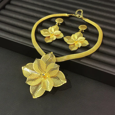 Dubai Jewelry Set For Women Yellow Gold Color Luxury Big Flower Pendant Necklace & Earrings Weddings Party African Set Accessory