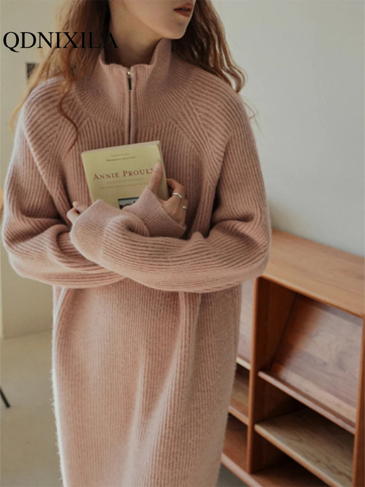 Womens Dresses Lazy Style Zipper Long Sleeve Mid Length Solid Color Knitted Dress 2023 Autumn Winter New in Clothes for Women