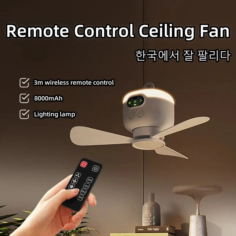 2024 New USB Rechargeable Large Wind Ceiling Fan Removable Blades Night Lamp Lighting 8000mAh Capacity Household Outdoor Fan