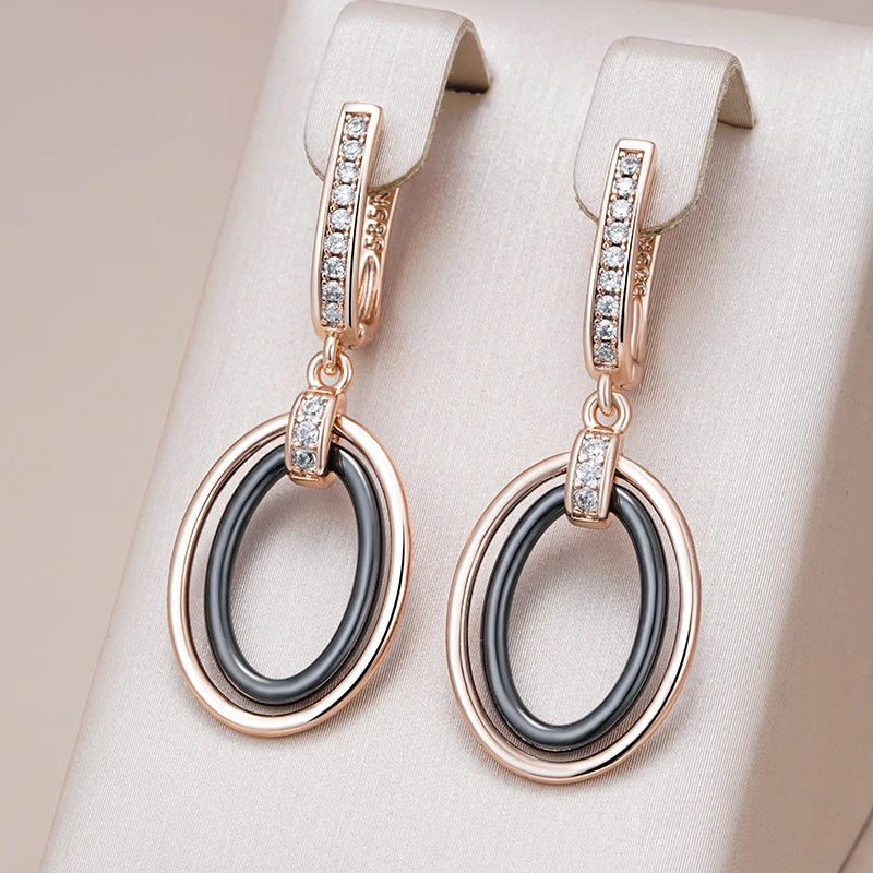 Kinel Hot Oval Black Ceramics Long Drop Earrings For Women 585 Rose Gold Color Natural Zircon Accessories Daily Fine Jewelry