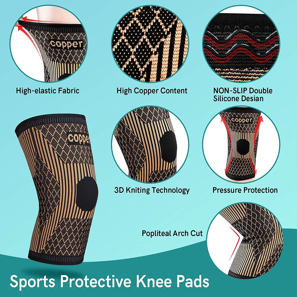 1Pair Copper Knee Brace Men Women Sport Compression Knee Support Sleeves - Running,Meniscus Tear,ACL,Arthritis,Joint Pain Relief