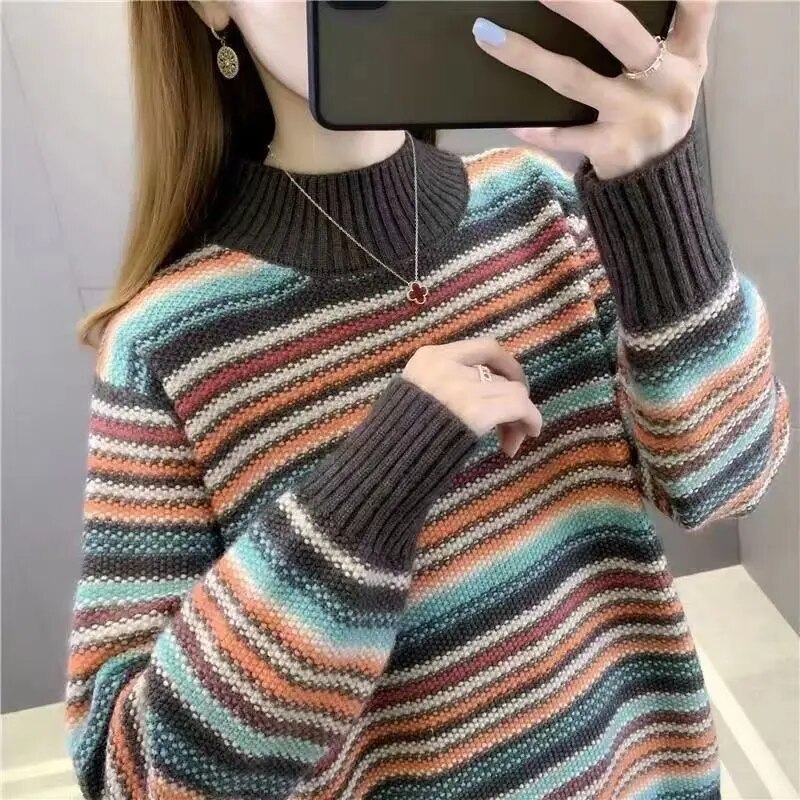 Autumn Winter Stripe Fashion Harajuku Sweater Women All Match Korean Chic Tops Lady Loose Casual Knitwear Long Sleeve Pullover