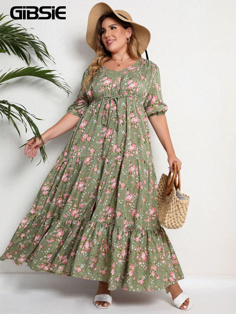 GIBSIE Plus Size Floral Print Knot Front Ruffle Hem Summer Dress Women Vacation Boho Puff Sleeve Split A-line Maxi Long Dresses