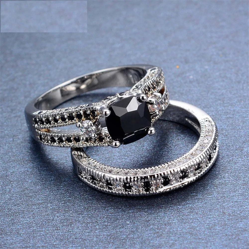 2pcs/set Fashion Female Black zircon Stone Ring Black Gold Color Women Rings Gorgeous Wedding Bands For Women Engagement Jewelry