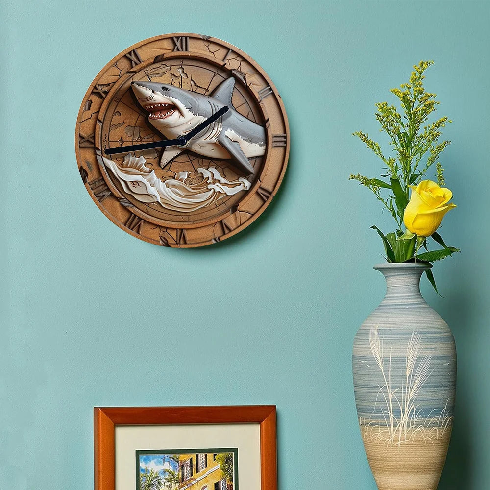 Shark-Themed Silent Wall Clock,DIY Kit with 3D Effect, Bedroom Decor, Summer Nautical Ocean Life Independence Day Decorative