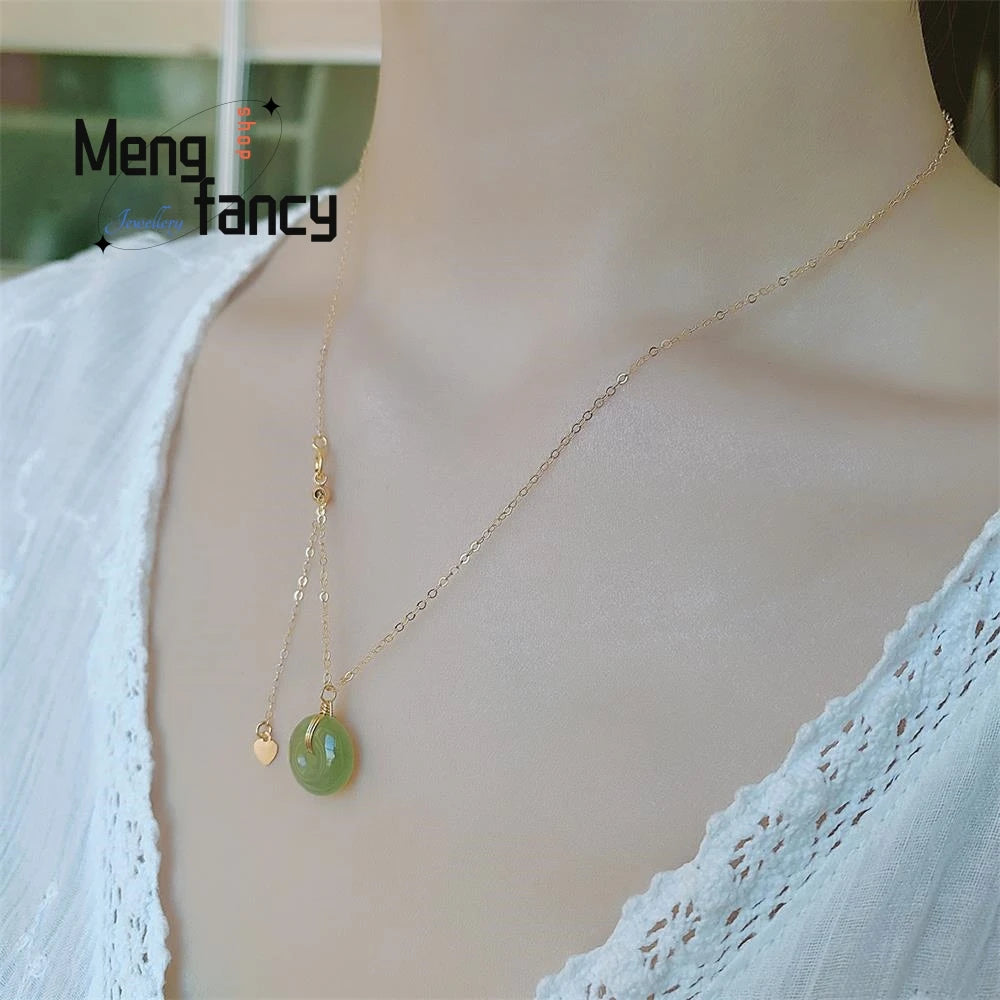 Natural Hetian Jade 925 Sterling Silver Peace Buckle Pendant Necklace Fine Fashion Jewelry Amulets Mascots Women Clavicle Chain