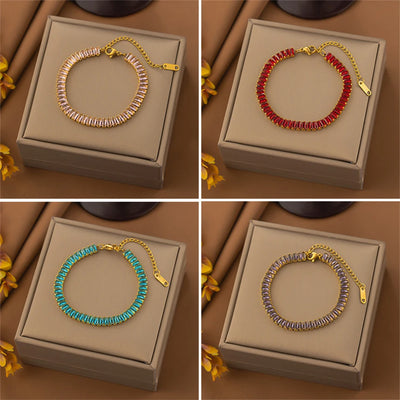 316L Stainless Steel 5 Types Color Embedding Square Zircon Charm Chain Bracelet For Women Fashion Fine Jewelry Gift SAB909