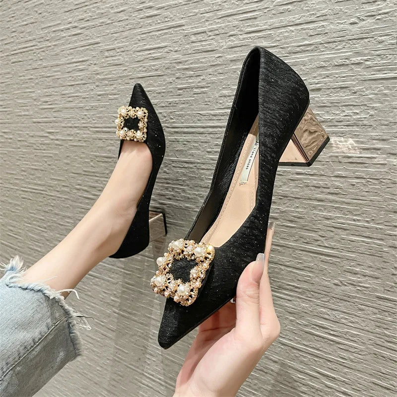 High Heels Shoes Women Spring New Korean Version Pearl Rhinestones Pointed Toe Women's Shoes Chunky Heels Pumps Zapatillas Mujer