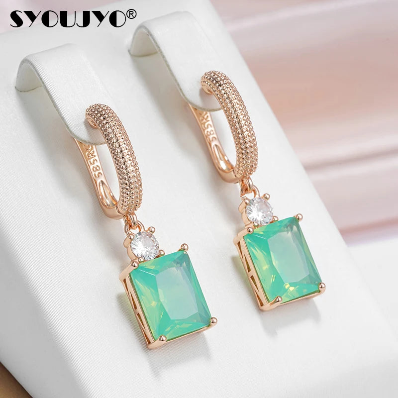 SYOUJYO Square Blue Green Natural Zirconia Dangle Earrings for Women 585 Rose Gold Color Boutique Jewelry Party Wearing