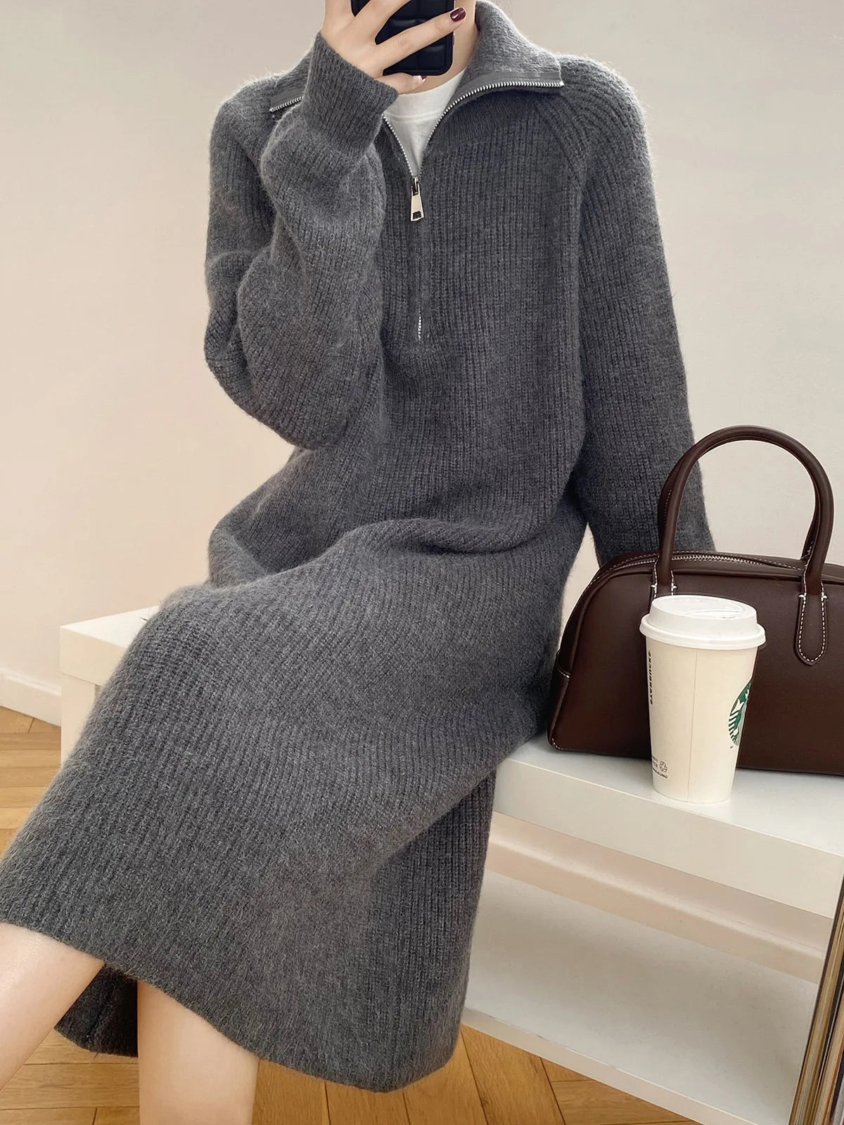 Knitted Dress 2023 Women's Autumn Winter Thickened French Mid-length Loose Bottoming Dresses Fashion Ladies Zipper Long Sweater