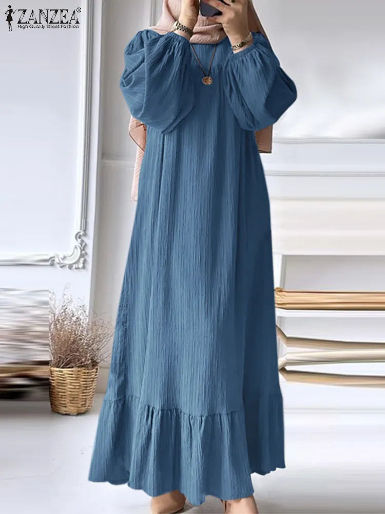 ZANZEA Turkey Abaya Mulism Fashion Dresses Long Sleeve Maxi Sundress Abayas For Women Eid Mubarek Robe IsIamic Vestidos Kaftan