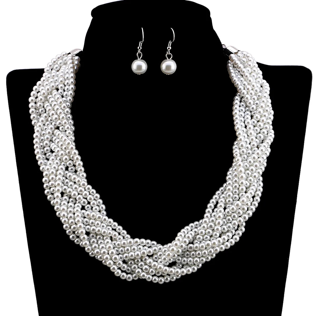 Newest Exaggerated 9 Pearl Beaded Strands Wrapped Statement Choker Necklace and Earrings Jewelry Sets for Women Girls