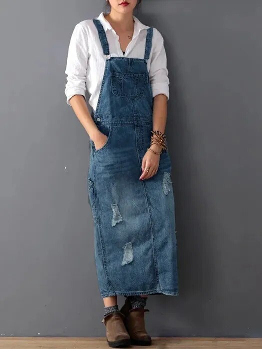 Women Denim Dresses Suspender Sleeveless Strap Straight Long Skirts Summer Loose Jumpsuit Overalls Jeans Dresses 2023 Vestidos