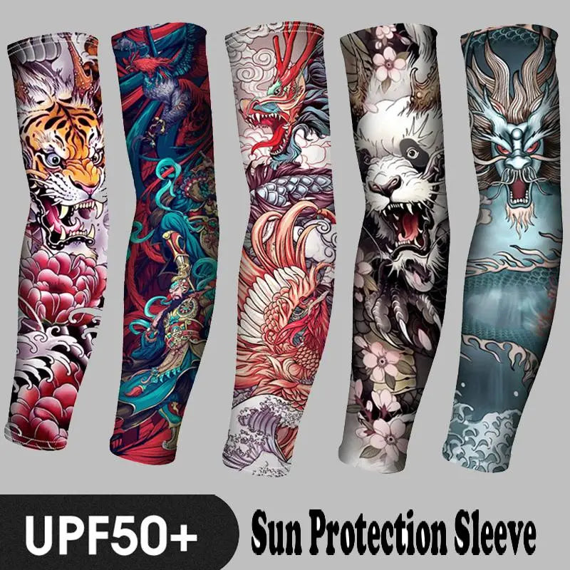 1PCS 2023 New Men Long Fake Warmers Summer Tattoo Sleeves Sun Protection Cover Outdoor Gloves Driving Ice Silk Arm Sleeves Women