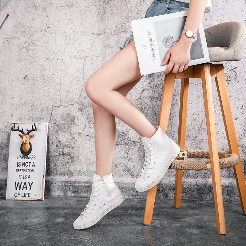 2024 The New Women's Sneakers Zippered Platform Boots Canvas White Shoes Lightweight High Top Women Vulcanized Shoes Botas Mujer