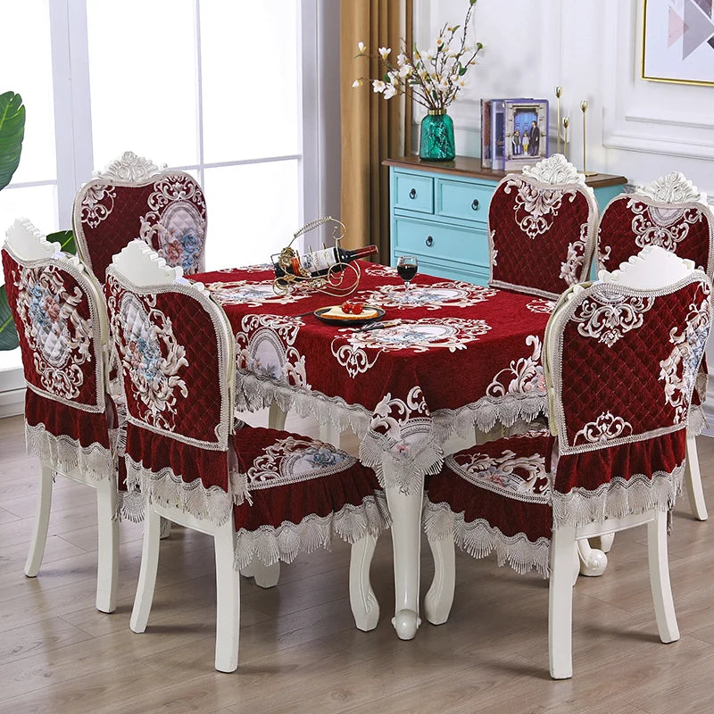 Luxury European Light Chair Cushion Cover Tablecloth Dining Chair Cushion Table Cover Home Spandex Chair Cover Jacquard Red 1pcs