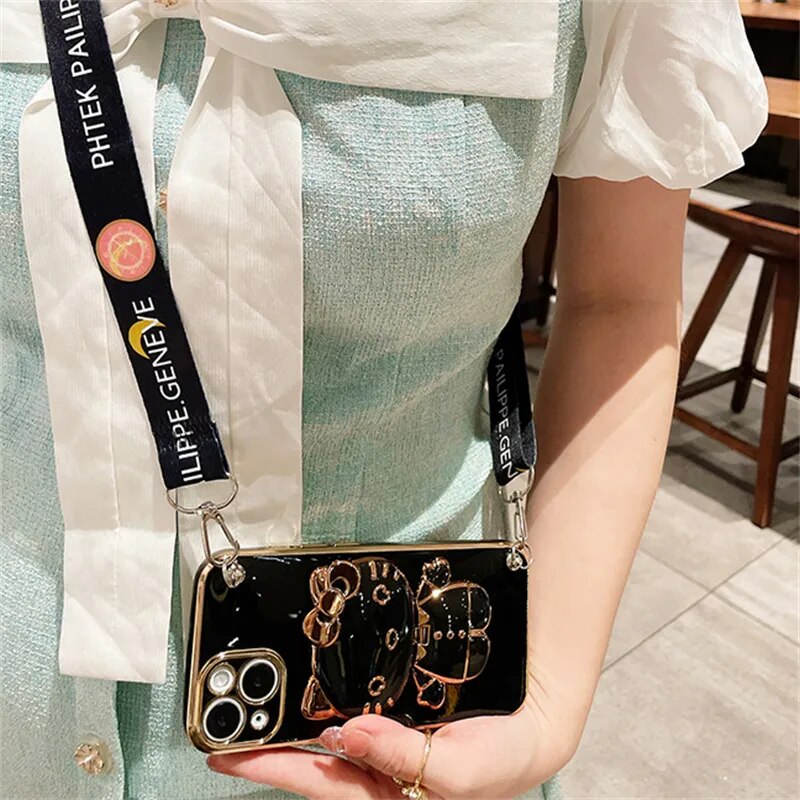 Hello Kitty Holder Bracelet Strap Lanyard Plating Phone Case For iPhone 15 14 13 12 11 Pro Max Mini XR XS X 8 7 6S Plus SE 2020