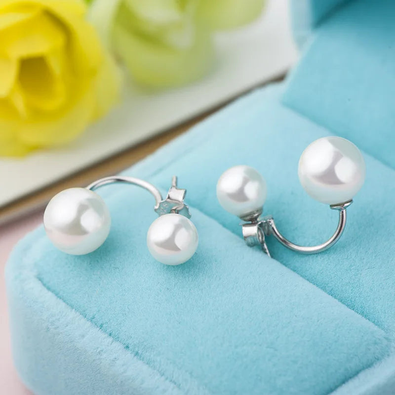 Genuine 925 Sterling Silver Woman's New Jewelry Fashion U Shape Pearl Stud Earrings XY0263