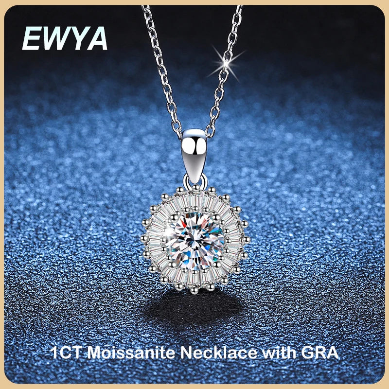 EWYA 1 Carat D Color Moissanite Pendant Necklace for Women Party Fine Jewelry 925 Sterling Silver Diamond Neck Chain Necklaces