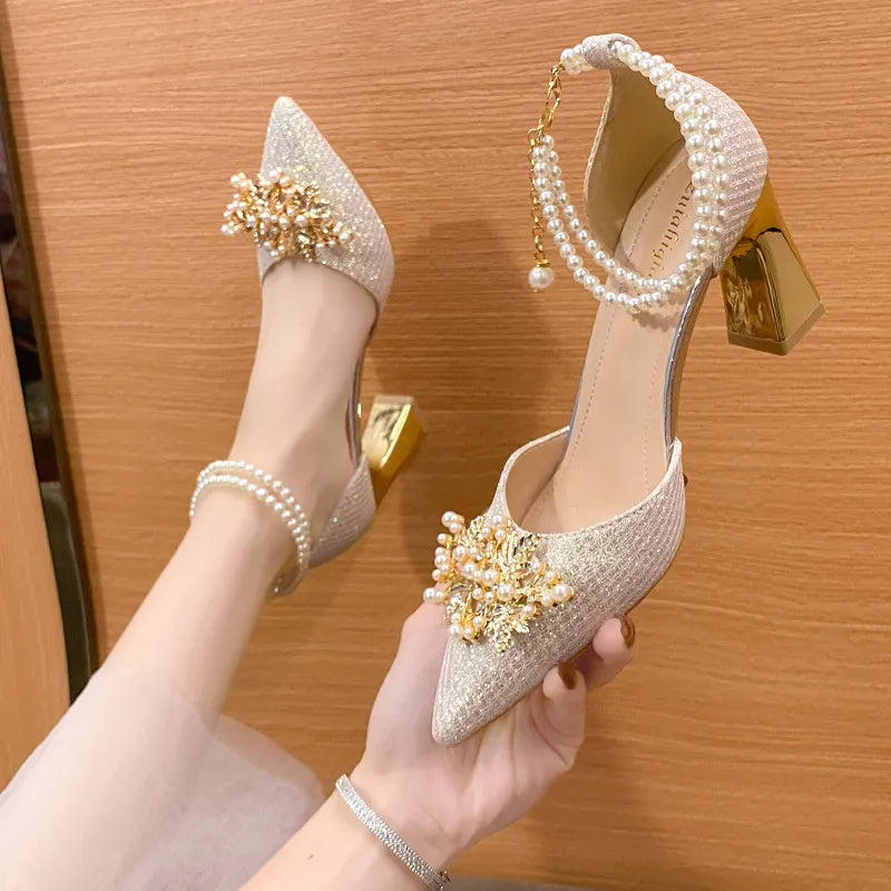 Ladies Shoes on Sale 2023 New Fashion Pointed Metal Beaded Solid Women's High Heels Summer Leisure Banquet Women Wedding Pump