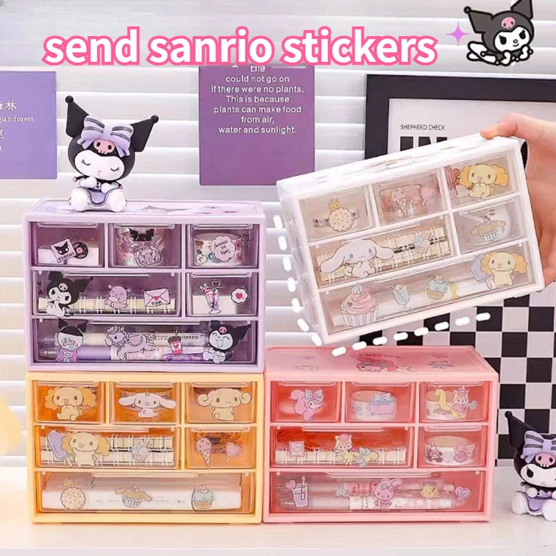 Miniso Sanrio 6 Grids Drawer Storage Box Desk Organizer with Kawaii Stickers Hello Kitty Cinnamoroll My Melody Cute Room Decor