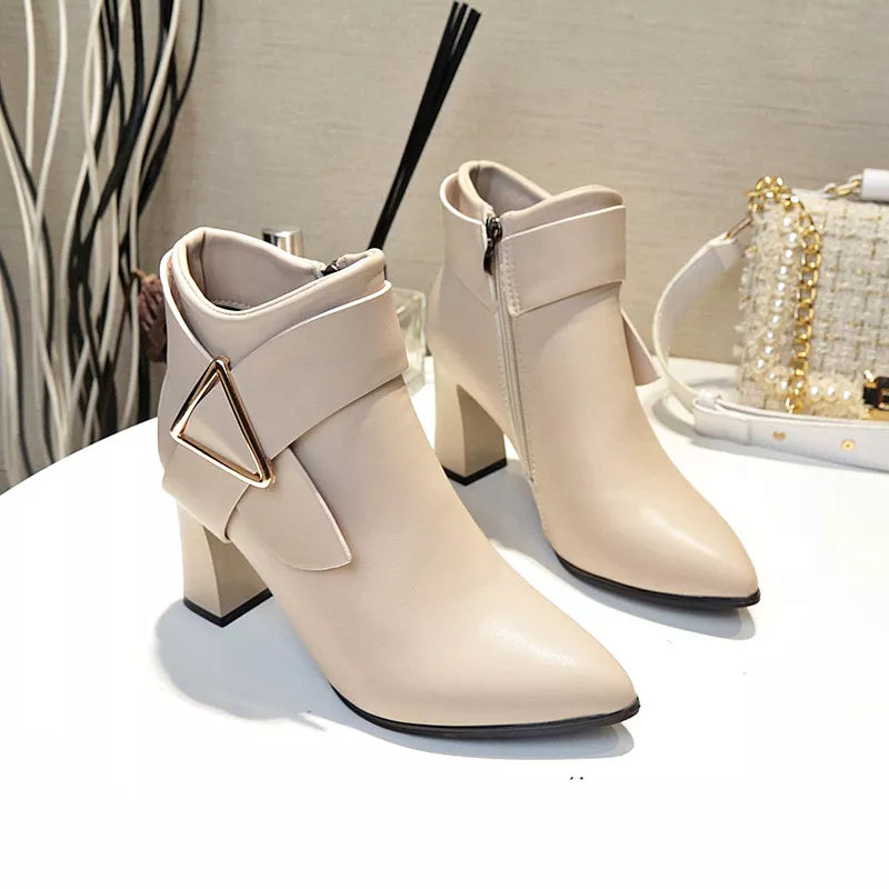 Women's High Heels Short Boots Spring Autumn Belt Buckle Ankle Boots Female Bottes High Pu Leather Shoes Waterproof Woman Pumps