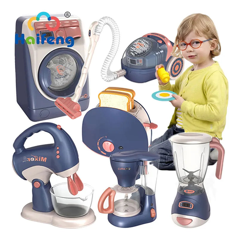 Pretend Kitchen Play Toys Electric Vacuum Cleaner Water Sweeper Household Juicer Dispenser Washing Machine with Light Tools Kids