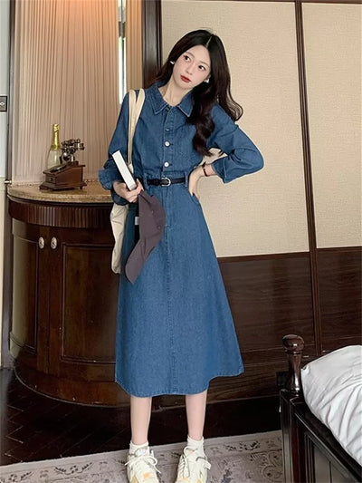 Denim Dresses Women Long Sleeve Vestidos Vintage O-neck Lapel Single Dress Autumn Winter Plus Size Frock Aesthetic Clothing