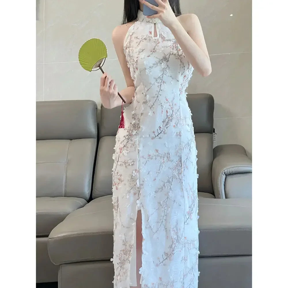 Improved Chinese-style Qipao Sleeveless Halter Neck Cheongsam Dress Slim Bodycon Elegant Sexy Summer Wear Party Performance
