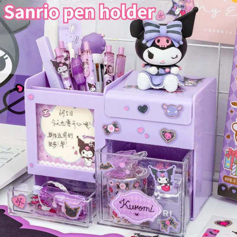 Miniso Sanrio Pen Holder Organizer Kawaii Kuromi Melody Cinnamoroll Sticker Desktop Storage Box Big Capacity Stationery Storage