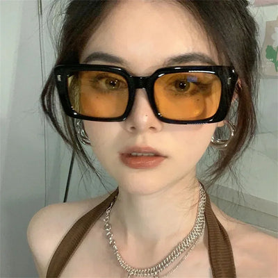 Square Big Frame Women Sunglasses 2024 Fashion Luxury Retro Oversize Classic Hip Hop Sun Glasses UV400 Rivet Design Yellow Lens