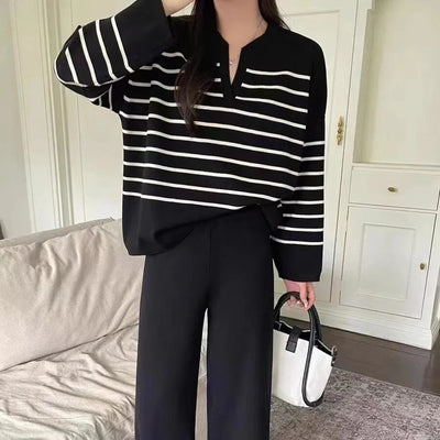 Korean O-neck Striped Lapel Long Sleeve Pullover Women Sweater+high Waist Wide Leg Pants Two Piece Set Autumn Winter Streetwear