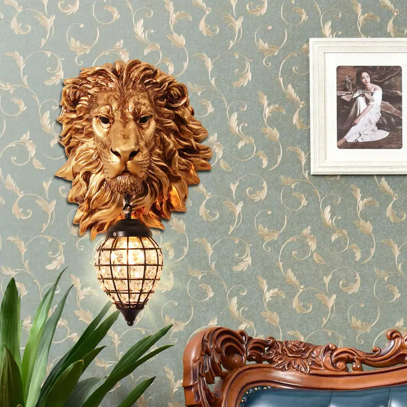 American Retro Lion Head Wall Lamp Resin led Wall Light Animal Home Decor Lamp Living Room Restaurant Hallway Lighting luminaria