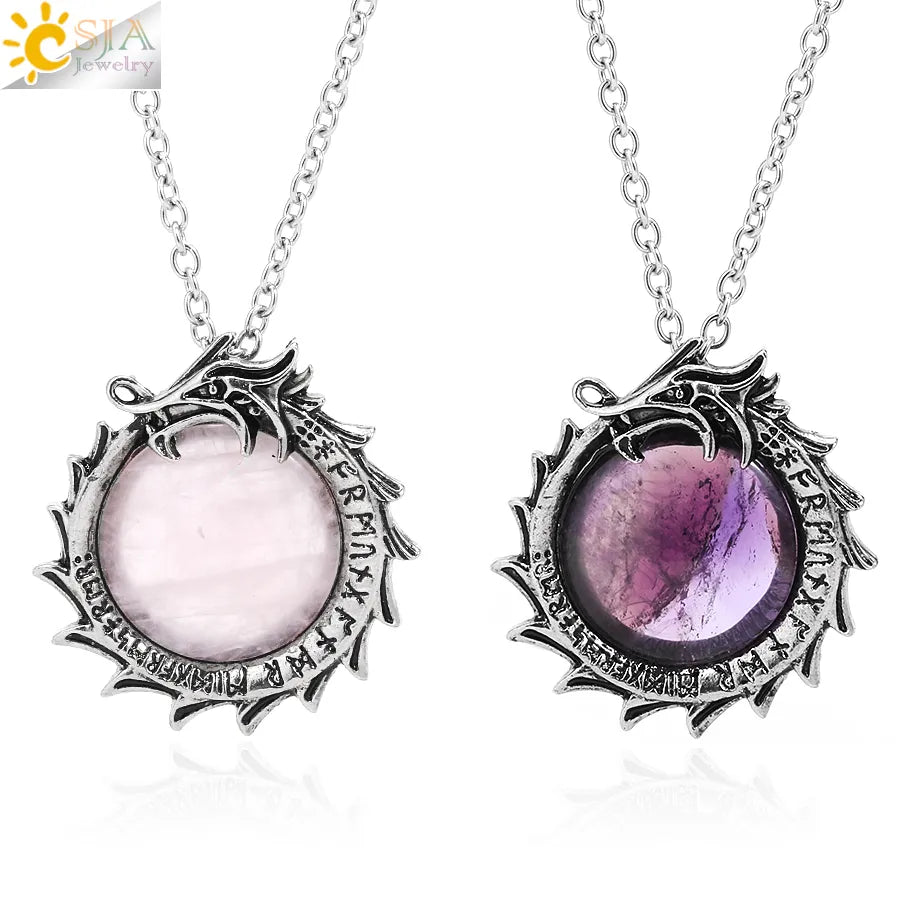 CSJA Healing Natural Stone Crystal Necklace for Women Dragon Round Pendant Pink Quartz Amethysts Obsidian Spiritual Jewelry H126
