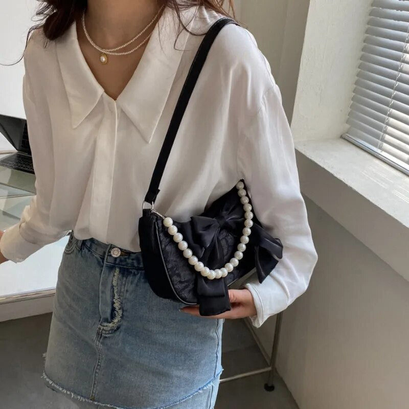 Bowknot Handheld Pearl Bag Fashion Zipper Embroidery Handbag Summer Popular Crossbody Bag Women Printing Soft Fabric Trendy