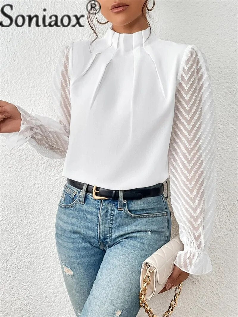 Elegant Half-turtleneck Pullover Solid Color Chiffon Shirt Women's Wave Print Ruffle Long Sleeve Blouse Ladies Casual Loose Tops