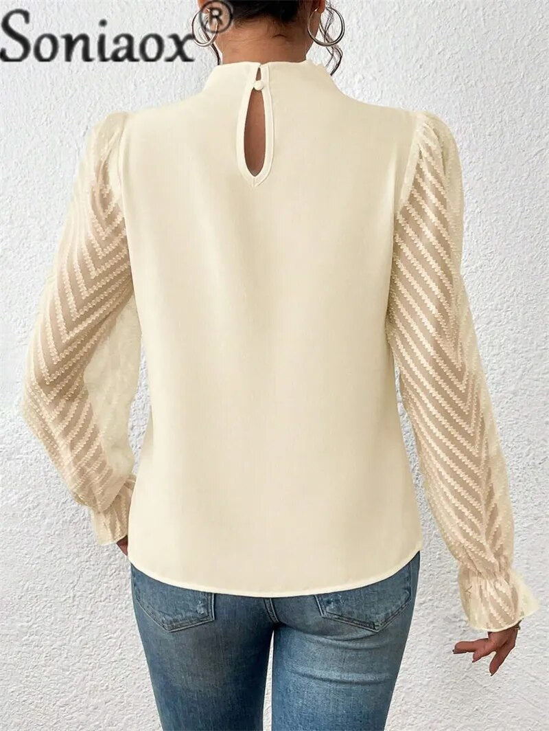 Elegant Half-turtleneck Pullover Solid Color Chiffon Shirt Women's Wave Print Ruffle Long Sleeve Blouse Ladies Casual Loose Tops