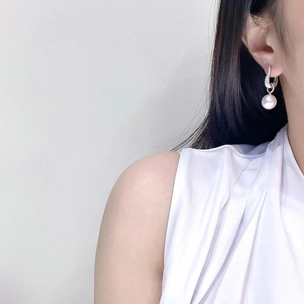 Huitan 2022 Trend Imitation Pearl Dangle Earring for Women Luxury Silver Color Bling Cubic Zirconia Fashion Elegant Lady Jewelry