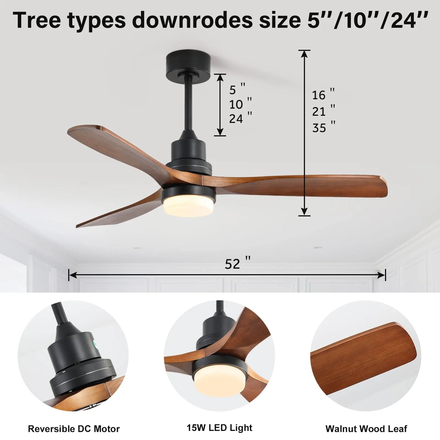 52" Ceiling Fan with Light, Remote Control, Indoor Flush Mount Wood Modern Ceiling Fan for Bedroom, Dining Room, Patio, Office