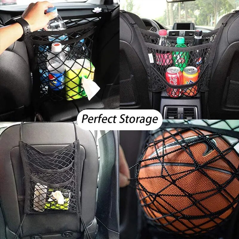 Car Storage Net Bag Between Seats Car Divider Pet Barrier Stretchable Elastic Mesh Bag Organizer Auto Accessories