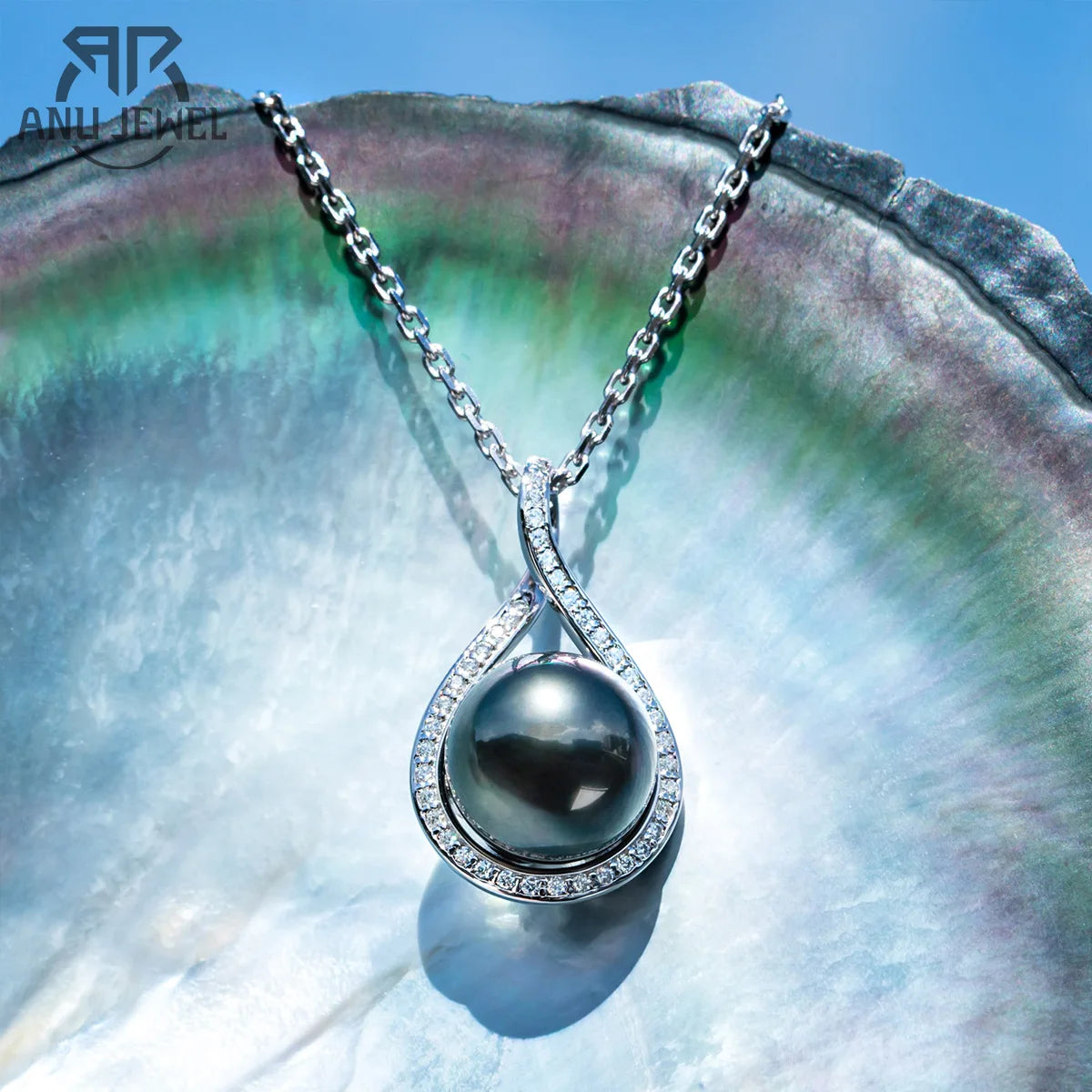 AnuJewel 11-12mm Tahitian Black Pearl Necklace 925 Sterling Silver D Color Moissanites Seawater Pearl Necklace Jewelry Wholesale