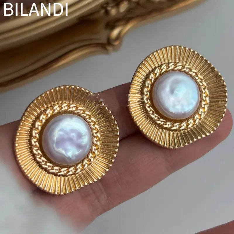 Retro Jewelry 925 Silver Needle Texture Metal Simulated Pearl Stud Earrings For Female Girl Gift Fine Accessories Vintage Style