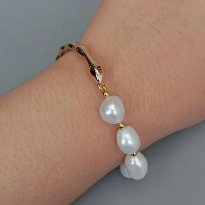 Y·YING Freshwater Cultured White Pearl Bracelet Handmade Natural Pearl Gold Plated Bangle Bracelet