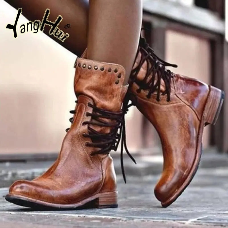 2023 British Style Heel Motorcycle Boots Lace Zipper Irregular Rivets Accessories Gothic Style Platform Shoes for Women Winter