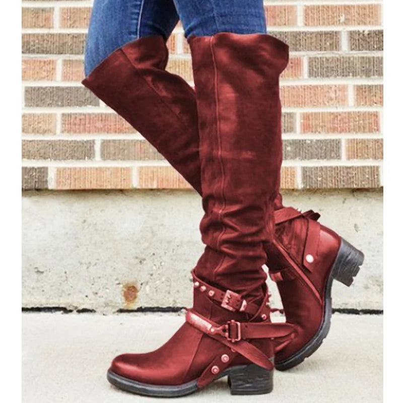 Women Winter Leather Punk style knee boots Vintage stud zip Women's boots with belt buckle Plus Size shoes