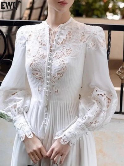 [EWQ] Beautiful White Lace Up Embroidery Hollow Out Lantern Sleeves Women's Long Dress Ladies Vestidos 2024 Spring Autumn 3A6724